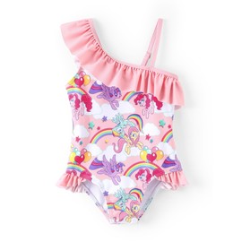 My Little Pony Girls One Piece Swimsuit, Cute Off Shoulder Ruffle Bathing Suit, Quick Dry UPF 50+ Swimwear for Kids Beach Pool Pink 6-7Years