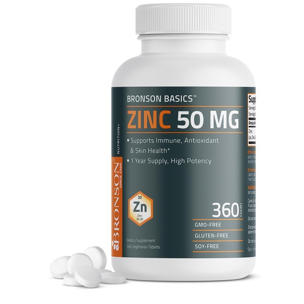 Bronson Zinc 50 MG High Potency One Year Supply Supports Immune, Antioxidant & Skin Health - Non-GMO, 360 Vegetarian Tablets