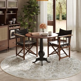 jinchan Round Rug 7ft Area Rug - Taupe Vintage Floor Mat Kitchen Indoor Thin Rug Floral Print - Washable Circle Rug 7' Round Retro Accent Rug Farmhouse Non Slip Dining Room Living Room Bedroom Office