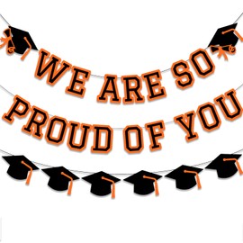 We Are So Proud Of You Banner Graduation Party Decorations Congrats Grad Cap Garlands Wall Sign Orange