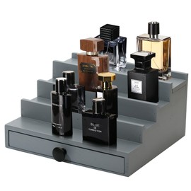 Fengligoo Cologne Organizer for Men - 4 Tier Wooden Grey Cologne Display Stand with Drawer and Hidden Compartment, Mens Cologne Perfume Holder Shelf for Organizing and Storing
