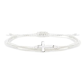 Handmade Cross Colorful Adjustable Braided String Bracelet Friendship Couple Tiny Sideways Cross Rope Bangle Lucky Protection Jewerly for Women Men Teens-White