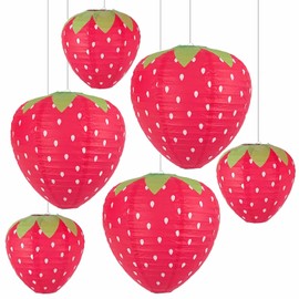JIEFULL Strawberry Paper Lanterns, 8" & 12" Large Strawberry Hanging Lantern, Strawberry Hanging Decorations for Fruit Theme Birthday Party Decor(6 Pcs, Red)