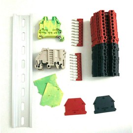 DIN Rail Terminal Block Kit #2 Red/Black Dinkle 20 DK4N 10 AWG Gauge 30A 600V Ground DK4N-PE Jumper DSS4N-10P End Covers End Brackets