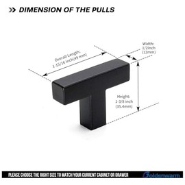 Goldenwarm 5 Pack Black Square T Bar Single Hole Knobs Cabinet Pull Drawer Handles Stainless Steel Modern Hardware for Kitchen and Bathroom Cabinets Cupboard Kitchen Cabinet Knobs