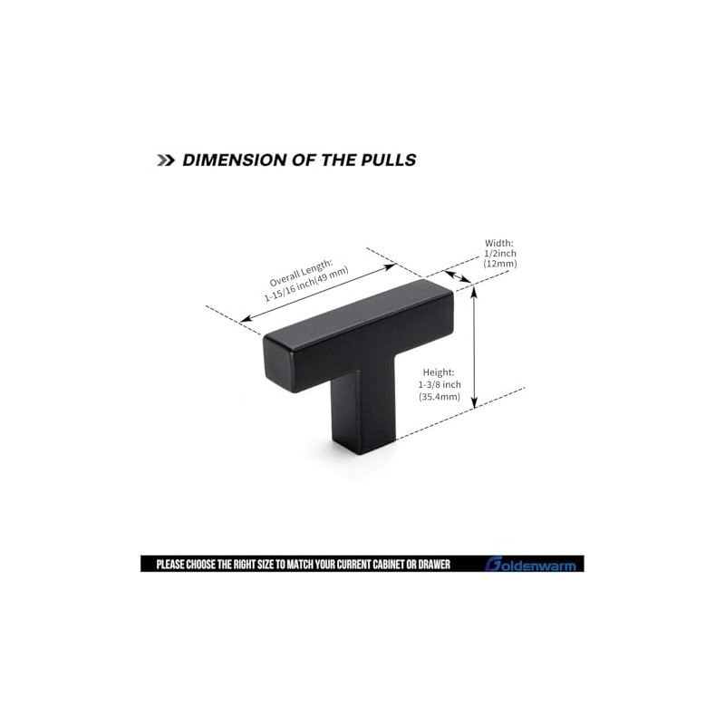 Goldenwarm 5 Pack Black Square T Bar Single Hole Knobs