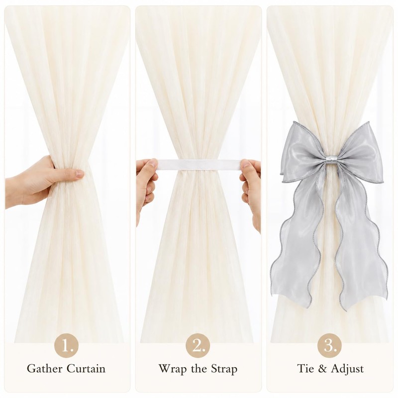 2 Pack Bow Curtain Tiebacks, French Style Silky Ribbon Curtain