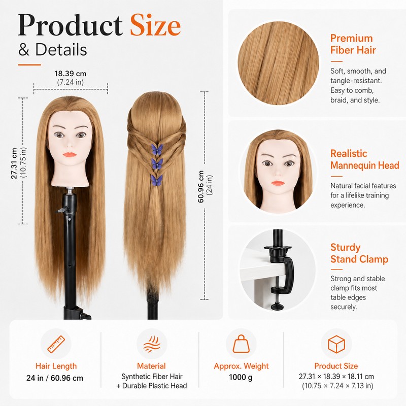 24-Inch Hairdressing Mannequin Head with Synthetic Fiber Hair – Styling,
