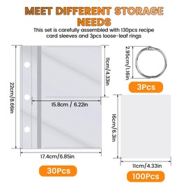 MARRTEUM 130 Pcs Recipe Card Page Protectors with 3 Pcs Loose Leaf Binder Rings, 4 x 6 Inch Crystal Clear Kitchen Recipe Book Card Page Index Protect Pockets Sleeves Refill Sheets Covers