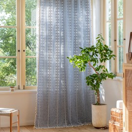 Deeprove Denim Blue Boho Curtain 63 inches Length for Living Room Bedroom Office, American Classic Bohemian Sheer 63 inches Long Stripe Embroidery Privacy Window Tassel Decor W52 x L63, 1 Panel