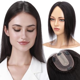 MY-LADY Human Hair Toppers for Women Real Remy Hair 130% Density 10 * 12CM Silk Base No Bangs Clip in Hair Pieces Hairpiece Hairpiece for Thinning Hair 16 Inch #1B Natural Black