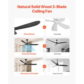 VEVOR 72 Inch Ceiling Fan without Light, 6-Speed Remote Control, 3-Wood-Blade, Reversible DC Motor, Modern Low Profile Flush Mount Exterior Fan for Bedroom, Living Room, Patio, Indoor/Outdoor, Black