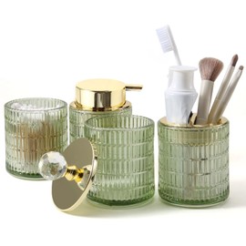 DASITON Bathroom Accessories Set,4Pcs Glass Bathroom Counter Set with Foaming Soap Dispenser,Toothbrush Holder,Bathroom Tumbler,Cotton Swab Jars, for Vanity Bathroom Decor(Green B)