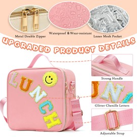 LOKFAR Insulated Lunch Bag Women Lunch Box Kids for Teen Girls Boys, Cute Preppy Lunch Boxes With Adjustable Shoulder Strap, Waterproof Nylon Lunchbox Lunch Bags for School Work Picnic (Light Pink)