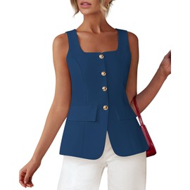 BTFBM Womens Sleeveless Suit Vests Dressy Casual Square Neck Business Work Waistcoat Summer Button Up Blazer Vest Tops(Dark Blue, Medium)