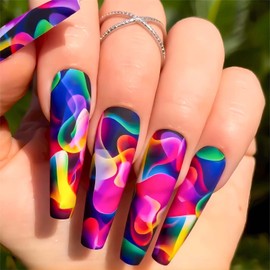 RUOKEXIN Acrylic Press on Nails Long Coffin Fake Nails with Nails Glue Long Ballet False Nails with Water Ripple Rainbow Designs Colorful Full Cover Artificial Nails Press Ons Stick on Nails 24Pcs
