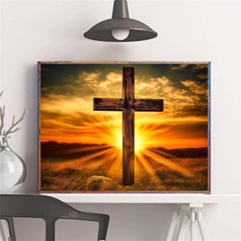 DIY 5D Diamond Art Painting Sunrise Wooden Cross Religion 16x12 Inch. Round Full Drill Rhinestone Embroidery for Home Wall Decoration
