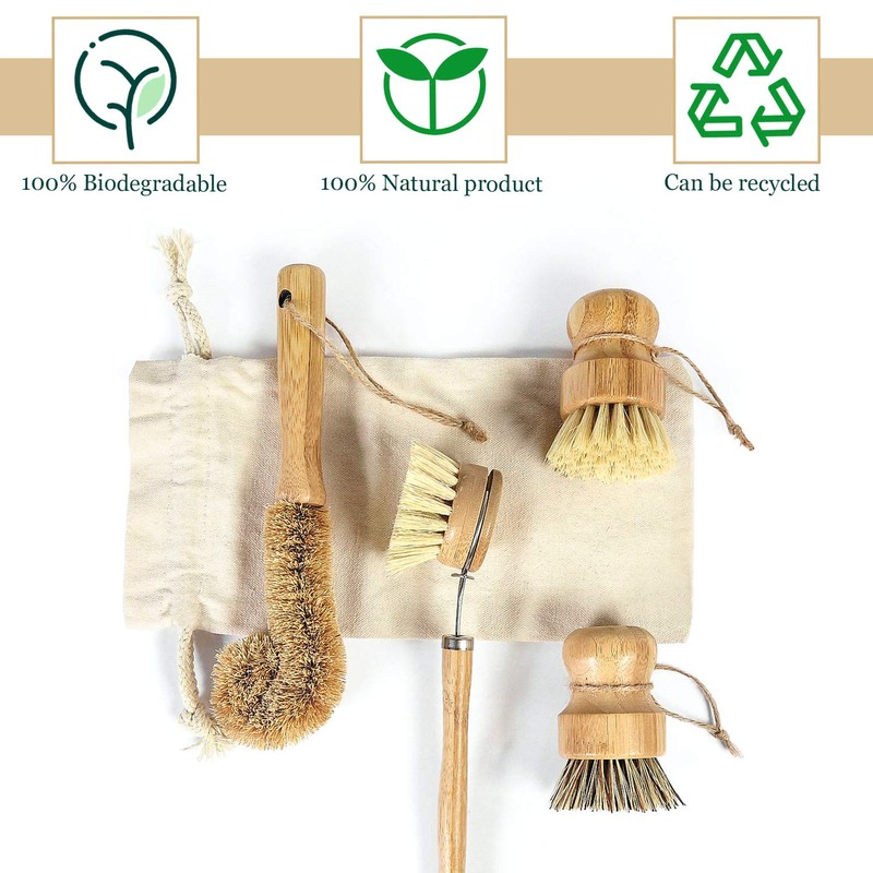 HANGOU Bamboo Dishwashing Brush with Handle Kitchen Scrubber Brush Set