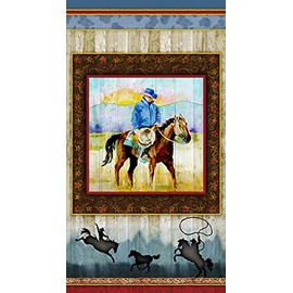 Sunset Rodeo Man On Horse Cotton Fabric Panel 24 X 44 Inches Wide