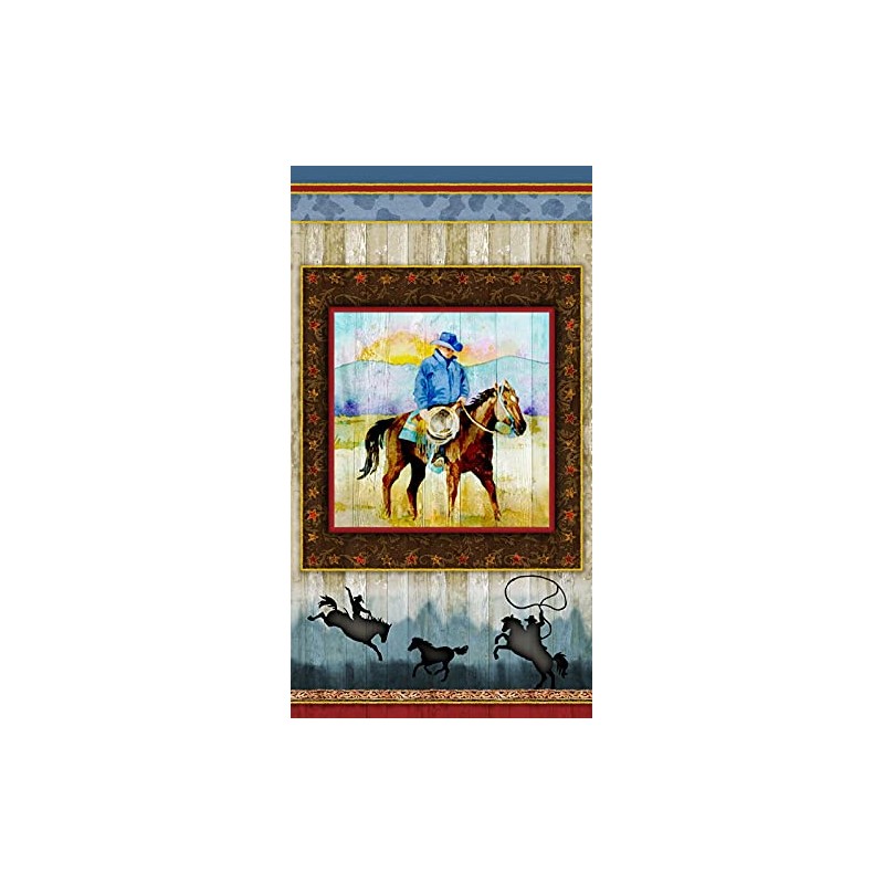 Sunset Rodeo Man On Horse Cotton Fabric Panel 24 X