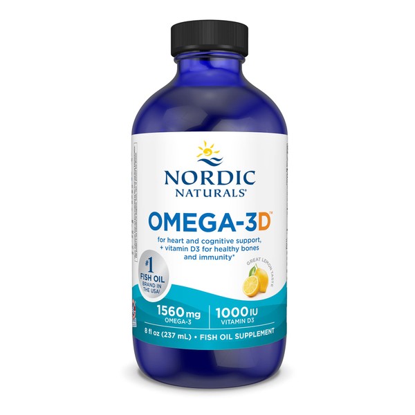 Nordic Naturals Omega-3D, Lemon Flavor - 8 oz - 1560 mg Omega-3 + 1000 IU Vitamin D3 - Fish Oil - EPA & DHA - Immune Support, Brain & Heart Health, Healthy Bones - Non-GMO - 48 Servings