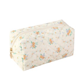 Makeup Bag Quilted,Cotton Cosmetic Pouch,Large Floral Make Up Bag for Women,Cute Flower Travel Toiletry Bag Organizer Portable for Purse,Orange