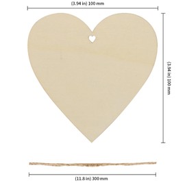 KEILEOHO 80 PCS 10cm Wooden Hearts Shape with Hole, 4 Inch Wooden Love Heart with 80pcs 30cm Natural Twine, Heart Wood Cutouts with Hole for Crafting Weddings decorition Parties, Anniversaries