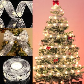 KOIROI Weihnachtsband Lichter, 5M 50 LED Weihnachtsband Lichterkette, Glänzende Bänder Lichterketten, Batteriebetriebene Weihnachtslichterkette, Weihnachtsbaum Deko Lichter, Weihnachtsbaum Band