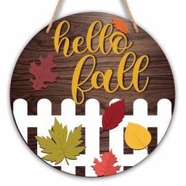 Fall Wooden Signs Wall Decor, Welcome Sign For Front Door, Hello Fall Round Hanging Sign With Rope, Thanksgiving Gifts For Family Friend, Autumn Decor For Farmhouse Home Outdoor Porch, C09