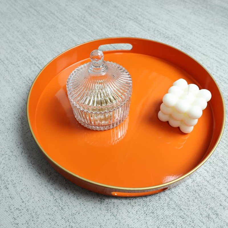 Spsyrine Round Orange Decorative Tray, 13" Plastic Serving Table Tray