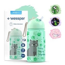 Wessper Trinkflasche Kinder mit Trinkhalm 410 ml Edelstahl, Auslaufsicher, Federleicht | 1-Klick Verschluss, BPA-Frei, für Kindergarten oder Schule, Sport - Minze mit Katzenmotiv