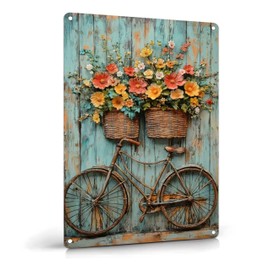Vintage Floral Bicycle Metal Sign Rustic Farmhouse Daisy Floral Wildflowers Tin Signs Flower Still Life Bike Aluminum Wall art for Home Garden Patio Farm Yard Bar Bathroom Decor 8x12 Inch