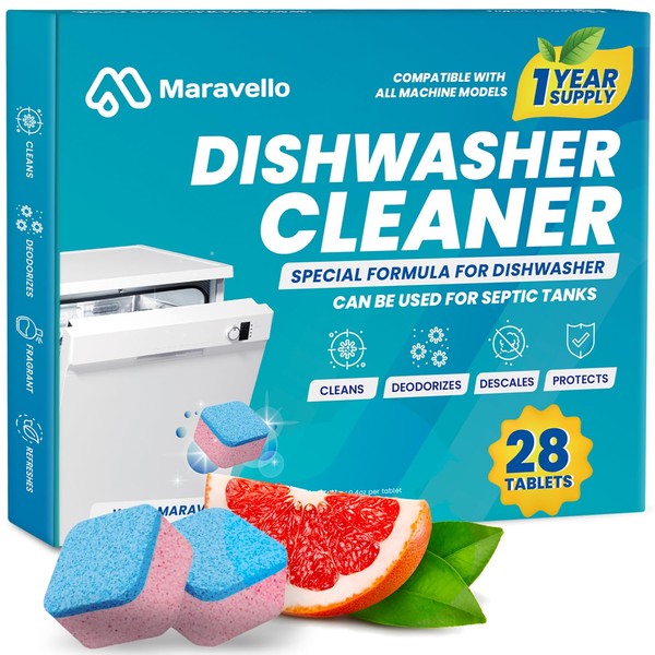 Dishwasher Cleaner Tablets and Active Deodorizer: Maravello Cleaning Dish Washer Machine 28 Tablets - Deep Clean Fresh Descaler Pods - Septic Safe