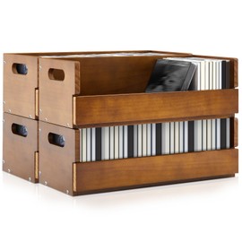 CroBlissful 4 Set Wooden CD Storage Box Holder Shelf Cassette Tape Display Racks with Carrying Handles, Organizer Shelf for Movie Cases, DVDs, Each Set Can Store up to 36 Pcs CDs (Brown)