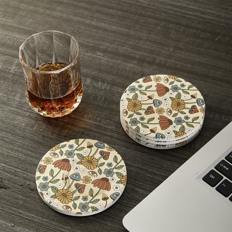 Vibiliyou Boho Drink Absorbent Retro Funky Mushroom Coasters,4pcs Boho Fun