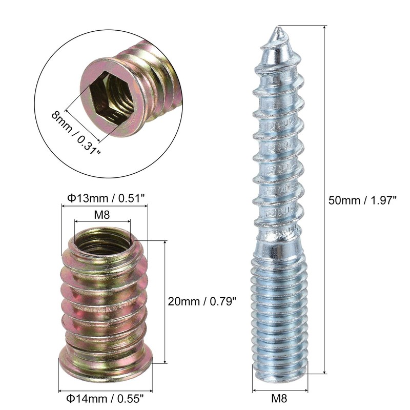 uxcell 20pcs M8x20mm Threaded Insert Nut, 8pcs M8x50mm Hanger Bolt,