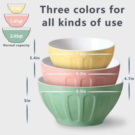 Lareina Ceramic Mixing Bowls for Kitchen, Large Nesting Mixing Bowl Set for Serving, Baking, Food Prepping, Cooking, Salad, Sourdough, Gift, Microwave Safe, Big 3.2/1.7/1.2 Qt, Set of 3, Pastel Color