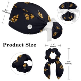 Adjustable Butterfly on Black Background Women Bouffant Cap with Buttons Scrub Hat for Woman