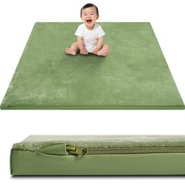 Baby Play Mat for Floor 50x50 – Reversible Vegan Leather & Velvet Playpen Mat, Extra Thick Foam, Waterproof Crawling Mat, Easy Wipe-Clean Floor Mat for Infants and Toddlers, Green