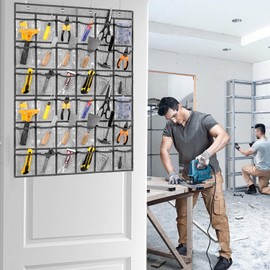 TEMUORG Over Door Hanging Tool Storage Bag Wall Mounted Screw Organizer Garage Accessories Organization with Clear Pockets (36 Pockets)