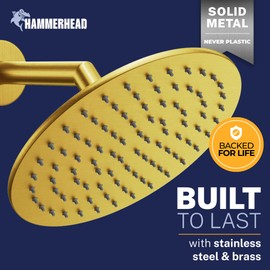 HammerHead Showers Solid Metal Round 8 Inch Rainfall Shower Head, High Flow Shower Head Optimized for Pressure, Brushed Gold, 2.5 GPM