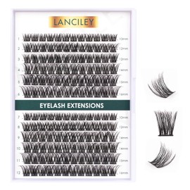 Lanciley 144 Clusters Lashes Individual Lashes False Eyelashes Natural Lash Clusters Thin Band Soft Reusable DIY Lash Extension Kit at Home for Make-up Beginner C/D Curl 10/12/14/15/16mm - L01