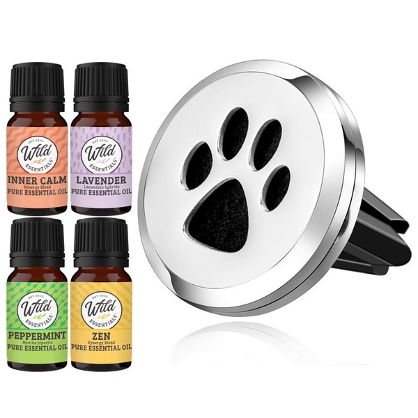 Wild Essentials Dog Paw Essential Oil Car Vent Diffuser Kit With Lavender, Lemongrass, Peppermint, Orange Oils, Stainless Steel Locket Pendant, 8 Refill Pads, Customizable Color Changing Air Freshener