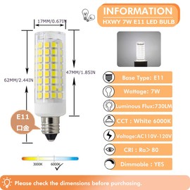 HXWY E11 LED Bulb, Mini Candelabra Base, Omni-Directional 7W 730LM 120V E11 Indoor Lighting Bulb Replaces T3/T4 JD E11 White 6000K (Pack of 2)
