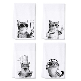 Funny Cat Kitchen Towels Set of 4 - 16x24 Inch Absorbent Microfiber Dish Towels,Quick Drying & Lint-Free Towels for Kitchen Coffee Bar,Gift for Cat Lovers Women Mom (Black&Cat American Shorthair)