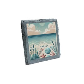Decorative Slate Coaster – 'The Sea' Nautical Design with Starfish & Seashells, Premium Natural Stone, Beach-Themed Home Décor, Drinkware Accessory (slco-ds24-starfishrg)