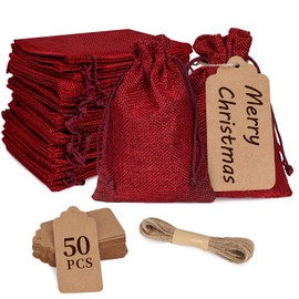 50pcs Bolsas de Arpillera con Cordón,Con Etiqueta y Cordón Fino,bolsas para dulces,bolsa de yute,Bolsas de Regalo de arpillera para Navidad,Fiestas,Cumpleaños, Favores de Boda