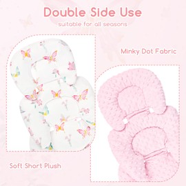 Infant Car Seat Insert for Newborn Girls Boys, Reversible Baby Carseat Head Support with Strap Pads, Soft Baby Car Seat Insert Cushion Pad for Stroller, Bouncer, Swing, High Chair, Pink Butterfly