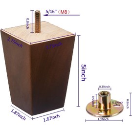 SHANJUE Wood Furniture Legs - 5 inch Sofa Legs Pack of 4 Square Brown Couch Legs, Mid Century Chair Feet, Sofa Replacement Parts, for Dresser, Sideboard, Recliner, Coffee Table