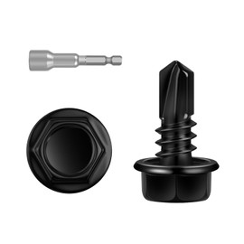 200 PCS #10 x 1/2" Sheet Metal Screws, Black Hex Washer Head Self Drilling Screw, Flanged Self Tapping Screws, 410 Stainless Steel, Hex Bit Socket Included